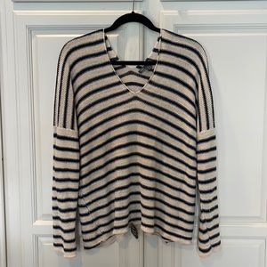 Vince, V-neck oversized sweater, blue, and cream stripes